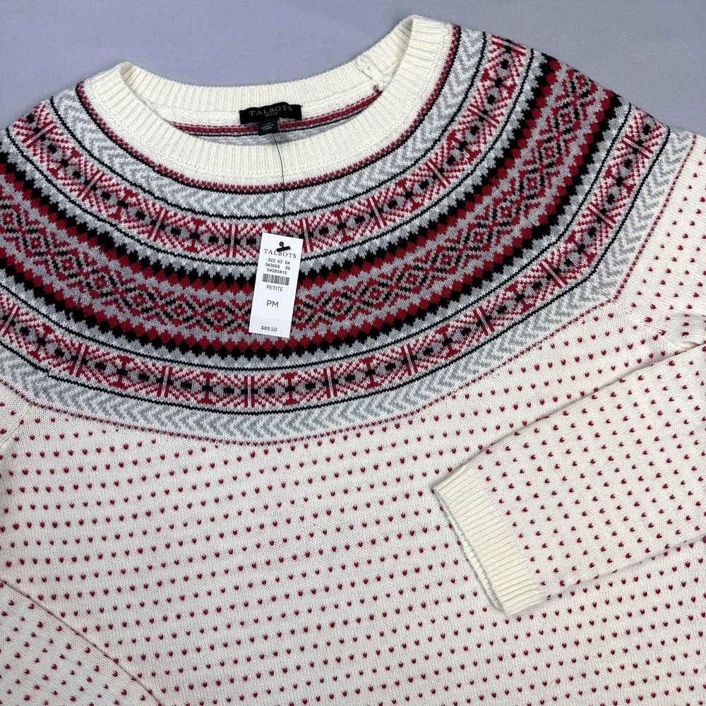 Talbots Sweater Women Petite Medium Ivory Fair‎ Isle Crewneck Lambswool Birdseye